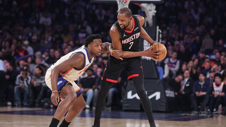 Feb 21, 2026; New York, New York, USA; Houston Rockets forward Kevin Durant (7) looks to drive past New York Knicks forward Og Anunoby (8) in the first quarter at Madison Square Garden. Mandatory Credit: Wendell Cruz-Imagn Images Feb 21, 2026; New York, New York, USA; Houston Rockets forward Kevin Durant (7) looks to drive past New York Knicks forward Og Anunoby (8) in the first quarter at Madison Square Garden. Mandatory Credit: Wendell Cruz-Imagn Images
