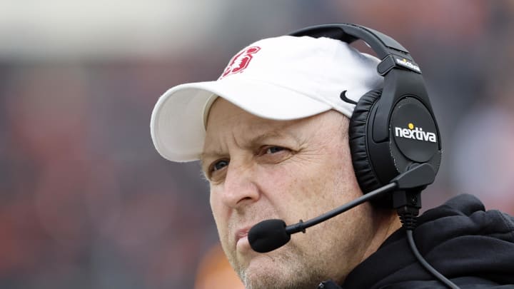 Nov 11, 2023; Corvallis, Oregon, USA; Stanford Cardinal Head coach Troy Taylor looks onto the field during the first half against the Oregon State Beavers at Reser Stadium. Mandatory Credit: Soobum Im-USA TODAY Sports Nov 11, 2023; Corvallis, Oregon, USA; Stanford Cardinal Head coach Troy Taylor looks onto the field during the first half against the Oregon State Beavers at Reser Stadium. Mandatory Credit: Soobum Im-USA TODAY Sports