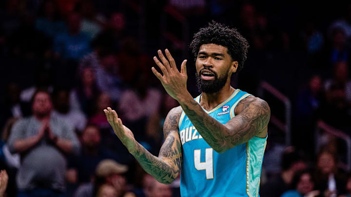 Apr 7, 2024; Charlotte, North Carolina, USA; Charlotte Hornets center Nick Richards (4) reacts to the call during the third quarter against the Oklahoma City Thunder at Spectrum Center. Mandatory Credit: Scott Kinser-Imagn Images Apr 7, 2024; Charlotte, North Carolina, USA; Charlotte Hornets center Nick Richards (4) reacts to the call during the third quarter against the Oklahoma City Thunder at Spectrum Center. Mandatory Credit: Scott Kinser-Imagn Images