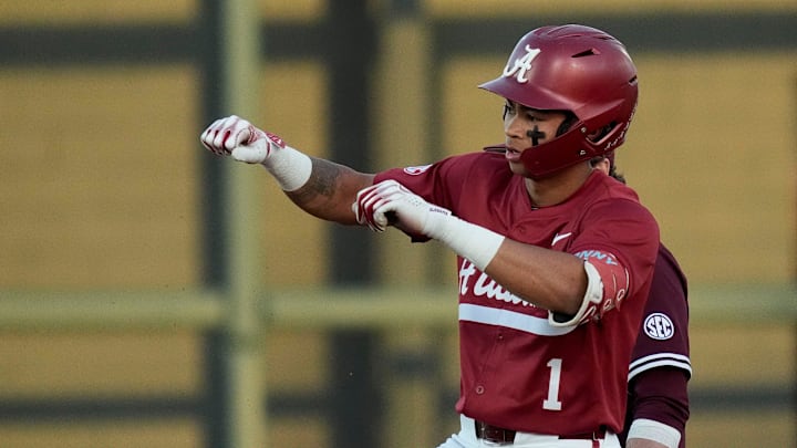 Alabama shortstop Justin Lebron (1) celebrates a double during the game with Mississippi State at Sewell-Thomas Stadium in Tuscaloosa Friday, April 11, 2025.