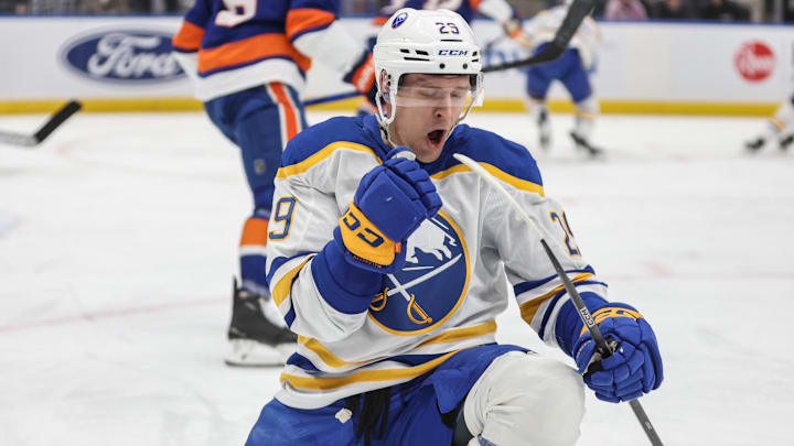 Dec 23, 2024; Elmont, New York, USA;  Buffalo Sabres left wing Beck Malenstyn (29) celebrates after scoring a goal in the first period against the New York Islanders at UBS Arena. Mandatory Credit: Wendell Cruz-Imagn Images