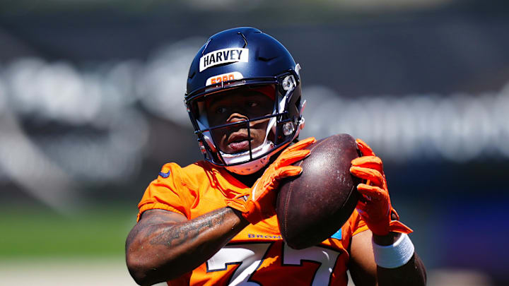 Denver Broncos running back RJ Harvey (37) during rookie minicamp at Broncos Park Powered by CommonSpirit.