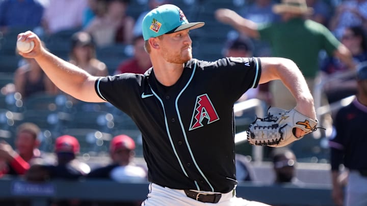 Arizona Diamondbacks right-hander Michael Soroka (34) pitches against the Cleveland Guardians at Salt River Fields in Scottsdale on March 1, 2026. Arizona Diamondbacks right-hander Michael Soroka (34) pitches against the Cleveland Guardians at Salt River Fields in Scottsdale on March 1, 2026.
