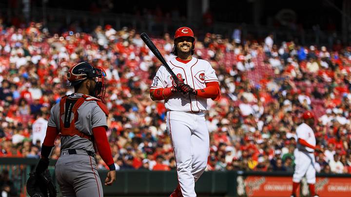 Mar 29, 2026; Cincinnati, Ohio, USA; Cincinnati Reds third baseman Eugenio Suarez (28) reacts after a strike called in the eighth inning in the game against the Boston Red Sox at Great American Ball Park. Mandatory Credit: Katie Stratman-Imagn Images Mar 29, 2026; Cincinnati, Ohio, USA; Cincinnati Reds third baseman Eugenio Suarez (28) reacts after a strike called in the eighth inning in the game against the Boston Red Sox at Great American Ball Park. Mandatory Credit: Katie Stratman-Imagn Images