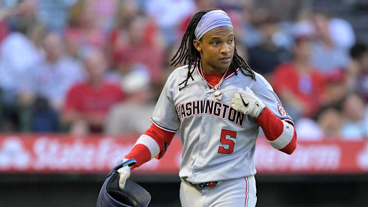 Jun 28, 2025; Anaheim, California, USA; Washington Nationals shortstop CJ Abrams (5) walks to the dugout after hitting a solo home run in the fifth inning against the Los Angeles Angels at Angel Stadium. Jun 28, 2025; Anaheim, California, USA; Washington Nationals shortstop CJ Abrams (5) walks to the dugout after hitting a solo home run in the fifth inning against the Los Angeles Angels at Angel Stadium.