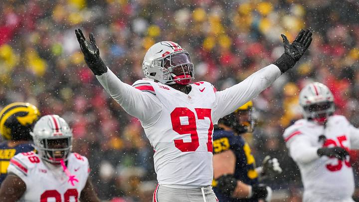 Ohio State Buckeyes defensive end Kenyatta Jackson Jr. (97) celebrates in the second half of the NCAA football game at Michigan Stadium on Saturday, Nov. 29, 2025 in Ann Arbor, Michigan.