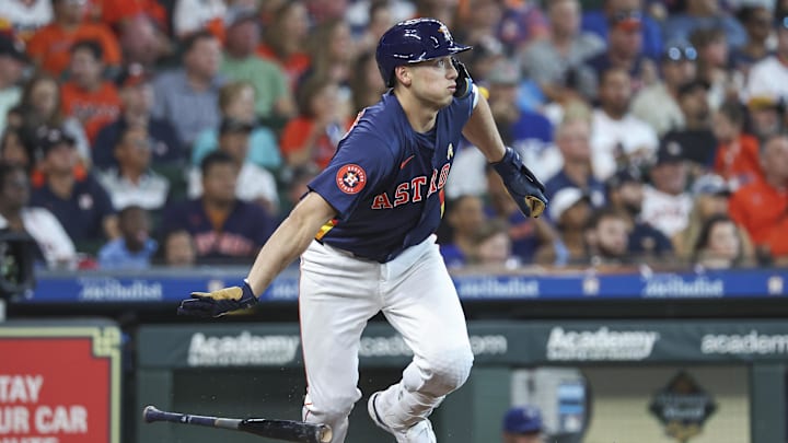 Sep 1, 2024; Houston, Texas, USA; Houston Astros third baseman Shay Whitcomb (10) hits a single during the fifth inning against the Kansas City Royals at Minute Maid Park. 