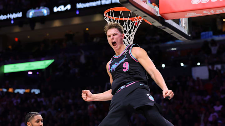 Jan 17, 2026; Miami, Florida, USA; Miami Heat guard Pelle Larsson (9) reacts after a dunk against the Oklahoma City Thunder during the fourth quarter at Kaseya Center. Mandatory Credit: Sam Navarro-Imagn Images