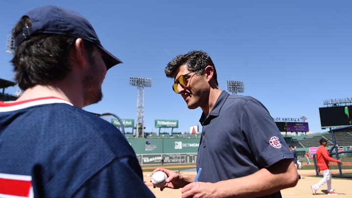 May 13, 2023; Boston, Massachusetts, USA; Boston Red Sox chief baseball officer Chaim Bloom signs an autograph prior to a game against the against the St. Louis Cardinals at Fenway Park. Mandatory Credit: Bob DeChiara-Imagn Images