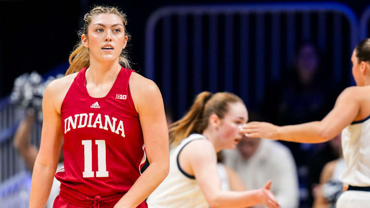 Indiana Hoosiers forward Karoline Striplin (11) looks to the bench after the first half Wednesday, Nov. 13, 2024, during a women’s basketball game between the Butler Bulldogs and the Indiana Hoosiers at Hinkle Fieldhouse in Indianapolis.