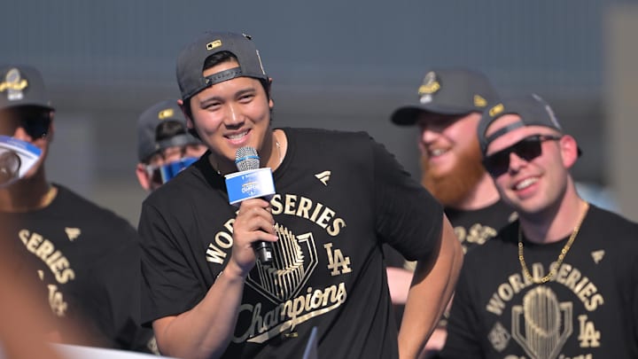 Nov 3, 2025; Los Angeles, CA, USA; Los Angeles Dodgers designated hitter Shohei Ohtani (17) during the World Series celebration at Dodger Stadium. Mandatory Credit: Jayne Kamin-Oncea-Imagn Images