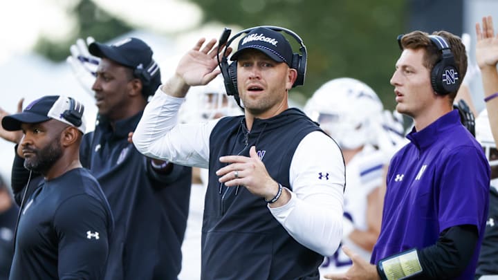 Sep 21, 2024; Seattle, Washington, USA; Northwestern Wildcats head coach David Braun reacts to a goal line play against the Washington Huskies during the third quarter at Alaska Airlines Field at Husky Stadium. Mandatory Credit: Joe Nicholson-Imagn Images Sep 21, 2024; Seattle, Washington, USA; Northwestern Wildcats head coach David Braun reacts to a goal line play against the Washington Huskies during the third quarter at Alaska Airlines Field at Husky Stadium. Mandatory Credit: Joe Nicholson-Imagn Images