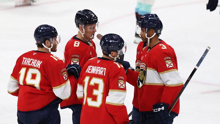 Oct 17, 2026; Sunrise, Florida, USA; Florida Panthers left wing Matthew Tkachuk (19), left wing Brady Tkachuk (8), center Sam Reinhart (13), and defenseman Seth Jones (3) celebrate goal during the third period against the Seattle Kraken at Amerant Bank Arena. Mandatory Credit: Isabella Frias-Imagn Images Oct 17, 2026; Sunrise, Florida, USA; Florida Panthers left wing Matthew Tkachuk (19), left wing Brady Tkachuk (8), center Sam Reinhart (13), and defenseman Seth Jones (3) celebrate goal during the third period against the Seattle Kraken at Amerant Bank Arena. Mandatory Credit: Isabella Frias-Imagn Images