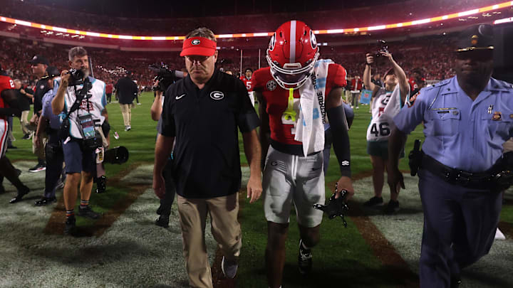 Sep 27, 2025; Athens, Georgia, USA;  Georgia Bulldogs head coach Kirby Smart leaves the field after the game against the Alabama Crimson Tide at Sanford Stadium. Mandatory Credit: Brett Davis-Imagn Images