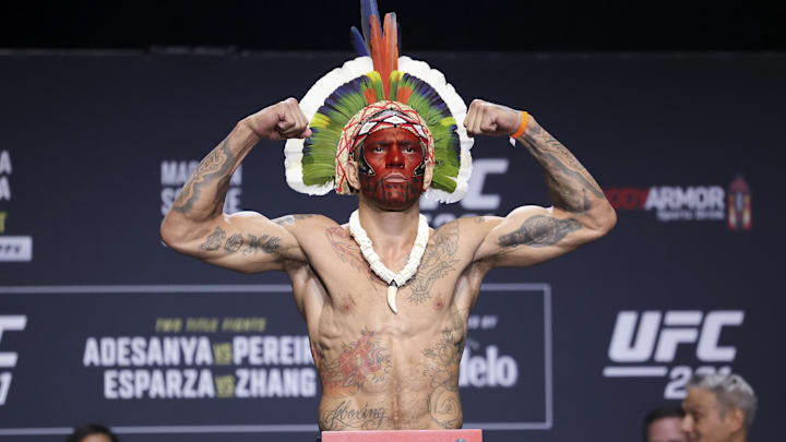 Nov 11, 2022; New York, NY, USA; Alex Pereira gestures during weigh-ins for UFC 281. Mandatory