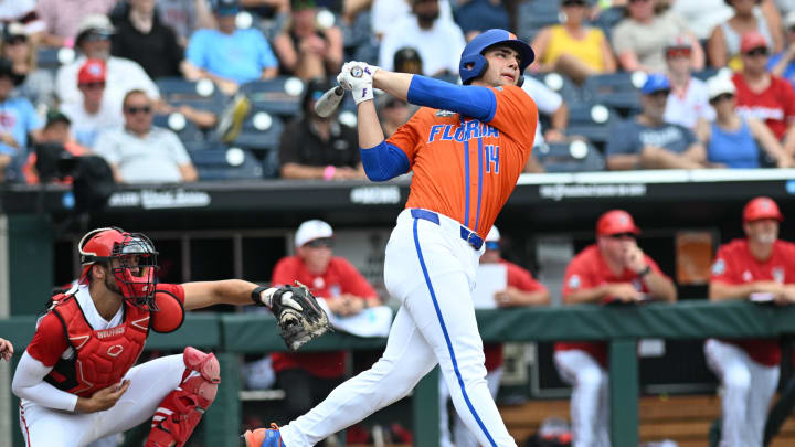 Florida Gators Jac Caglianone hits a three run home run against the NC State Wolfpack