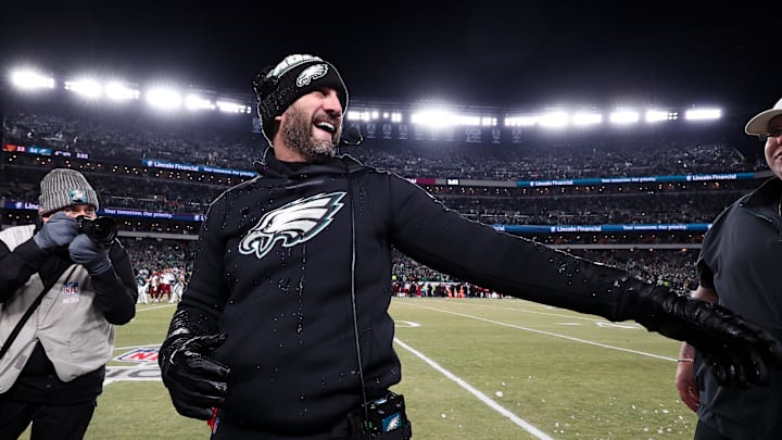 Jan 26, 2025; Philadelphia, PA, USA; Philadelphia Eagles head coach Nick Sirianni is celebrates in the closing minutes of a victory against the Washington Commanders in the NFC Championship game at Lincoln Financial Field. Mandatory Credit: Bill Streicher-Imagn Images