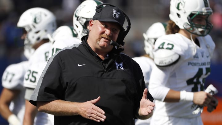Aug 26, 2017; Provo, UT, USA; Portland State Vikings head coach Bruce Barnum reacts in the fourth quarter against the Brigham Young Cougars at LaVell Edwards Stadium. Mandatory Credit: Jeff Swinger-USA TODAY Sports