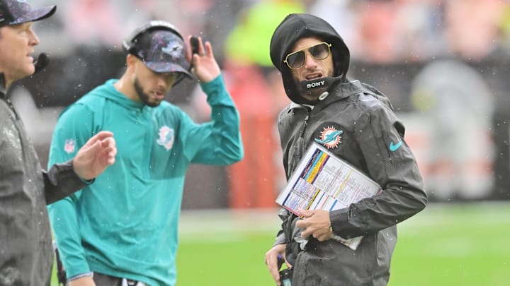 Oct 19, 2025; Cleveland, Ohio, USA; Miami Dolphins head coach Mike McDaniel reacts during the first half against the Cleveland Browns at Huntington Bank Field. Mandatory Credit: Ken Blaze-Imagn Images