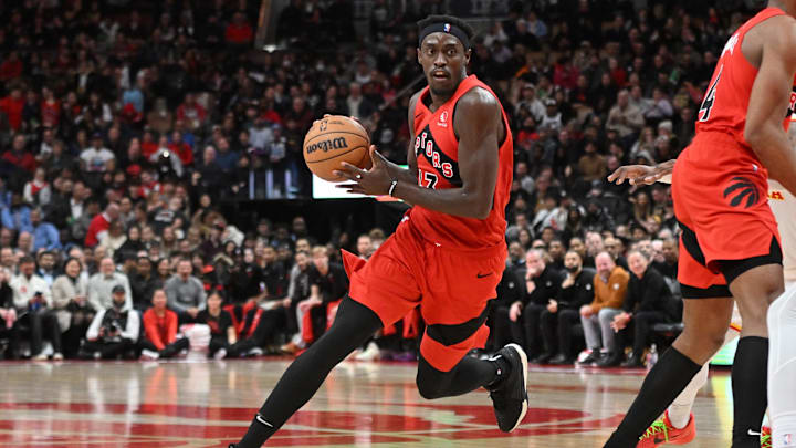 Dec 13, 2023; Toronto, Ontario, CAN;  Toronto Raptors forward Pascal Siakam (43) dribbles the ball