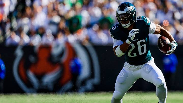 Oct 27, 2024; Cincinnati, Ohio, USA; Philadelphia Eagles running back Saquon Barkley (26) runs with the ball against the Cincinnati Bengals in the first half at Paycor Stadium. Mandatory Credit: Katie Stratman-Imagn Images
