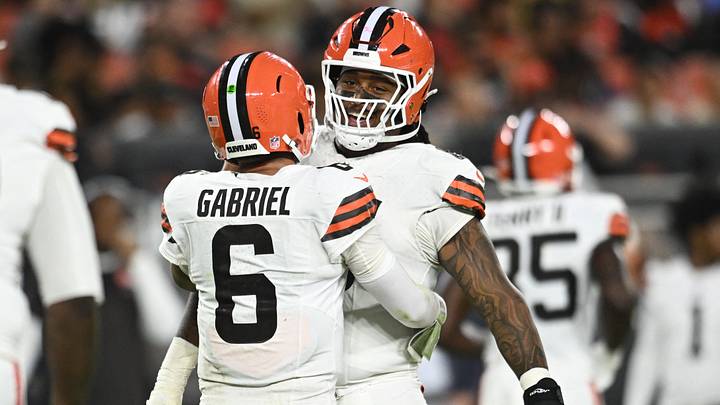 Aug 27, 2026; Cleveland, Ohio, USA; Cleveland Browns quarterback Dillon Gabriel (6) elebrates with Cleveland Browns center Kingsley Eguakun (65) after a touchdown against the New England Patriots during the first half at Huntington Bank Field. Mandatory Credit: Ken Blaze-Imagn Images Aug 27, 2026; Cleveland, Ohio, USA; Cleveland Browns quarterback Dillon Gabriel (6) elebrates with Cleveland Browns center Kingsley Eguakun (65) after a touchdown against the New England Patriots during the first half at Huntington Bank Field. Mandatory Credit: Ken Blaze-Imagn Images