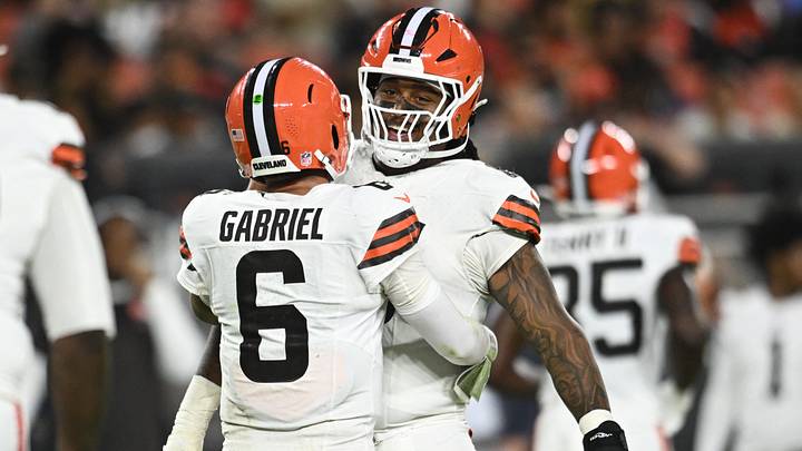 Aug 27, 2026; Cleveland, Ohio, USA; Cleveland Browns quarterback Dillon Gabriel (6) elebrates with Cleveland Browns center Kingsley Eguakun (65) after a touchdown against the New England Patriots during the first half at Huntington Bank Field. Mandatory Credit: Ken Blaze-Imagn Images Aug 27, 2026; Cleveland, Ohio, USA; Cleveland Browns quarterback Dillon Gabriel (6) elebrates with Cleveland Browns center Kingsley Eguakun (65) after a touchdown against the New England Patriots during the first half at Huntington Bank Field. Mandatory Credit: Ken Blaze-Imagn Images