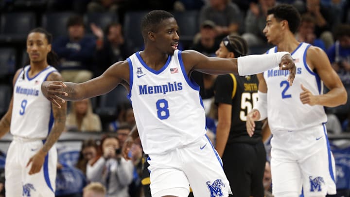 Nov 17, 2023; Memphis, Tennessee, USA; Memphis Tigers forward David Jones (8) reacts after a three