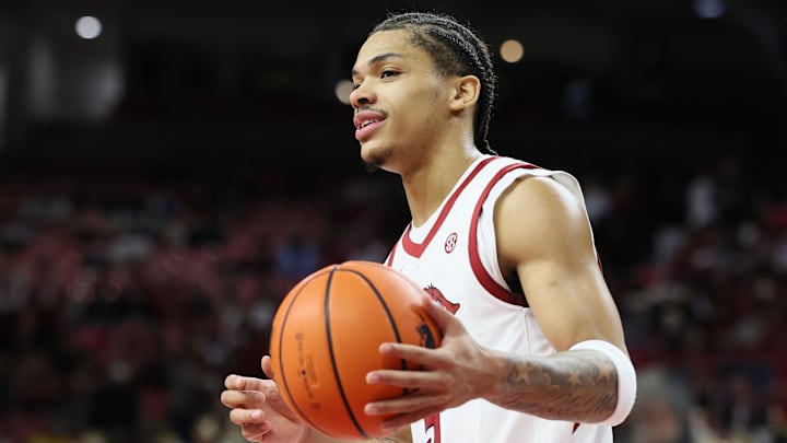 Jan 14, 2026; Fayetteville, Arkansas, USA; Arkansas Razorbacks guard Darius Acuff Jr (5) during the second half against the South Carolina Gamecocks at Bud Walton Arena. Arkansas won 108-74. Mandatory Credit: Nelson Chenault-Imagn Images