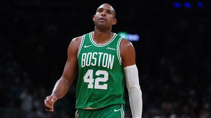 May 7, 2025; Boston, Massachusetts, USA; Boston Celtics center Al Horford (42) returns up court against the New York Knicks in the fourth quarter during game two of the second round for the 2025 NBA Playoffs at TD Garden. Mandatory Credit: David Butler II-Imagn Images