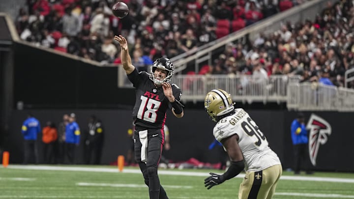 Jan 4, 2026; Atlanta, Georgia, USA; Atlanta Falcons quarterback Kirk Cousins (18) throws a pass during the game against the New Orleans Saints during the second half at Mercedes-Benz Stadium. Mandatory Credit: Dale Zanine-Imagn Images