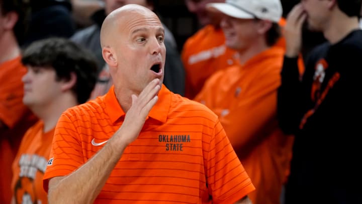 Oklahoma State coach Steve Lutz shouts during an NCAA basketball game between the Oklahoma State University Cowboys (OSU) and Oral Roberts at Gallagher-Iba Arena in Stillwater, Okla., Tuesday, Nov. 4, 2025. Oklahoma State on 95-71.