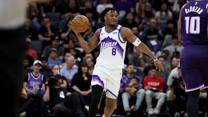 Mar 15, 2026; Sacramento, California, USA; Utah Jazz guard Isaiah Collier (8) passes the ball against the Sacramento Kings during the third quarter at Golden 1 Center. Mandatory Credit: Dennis Lee-Imagn Images