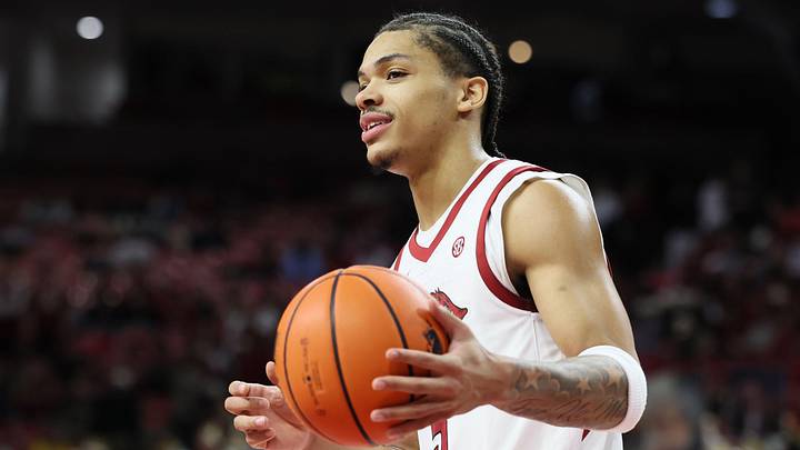 Jan 14, 2026; Fayetteville, Arkansas, USA; Arkansas Razorbacks guard Darius Acuff Jr (5) during the second half against the South Carolina Gamecocks at Bud Walton Arena. Arkansas won 108-74. Jan 14, 2026; Fayetteville, Arkansas, USA; Arkansas Razorbacks guard Darius Acuff Jr (5) during the second half against the South Carolina Gamecocks at Bud Walton Arena. Arkansas won 108-74.
