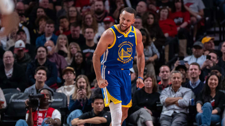 Golden State Warriors point guard Stephen Curry (30) reacts during the second half against the Portland Trailblazers at Moda Center. Mandatory Credit: Stephen Brashear-Imagn Images