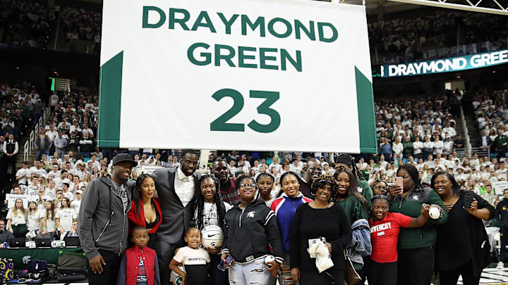 Dec 3, 2019; East Lansing, MI, USA; Former Michigan State Spartans Draymond Green has his jersey retired during half time at Breslin Center. Mandatory Credit: Mike Carter-Imagn Images Dec 3, 2019; East Lansing, MI, USA; Former Michigan State Spartans Draymond Green has his jersey retired during half time at Breslin Center. Mandatory Credit: Mike Carter-Imagn Images