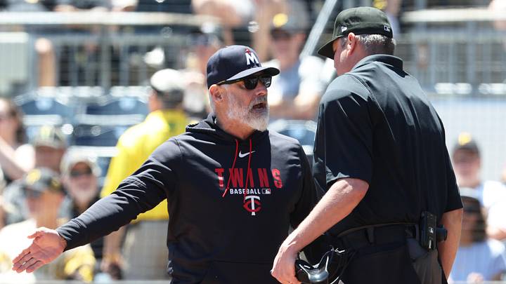 May 31, 2026; Pittsburgh, Pennsylvania, USA;  Minnesota Twins manager Derek Shelton (left) has words with home plate umpire Jordan Baker (71) against the Pittsburgh Pirates during the first inning at PNC Park. Mandatory Credit: Charles LeClaire-Imagn Images