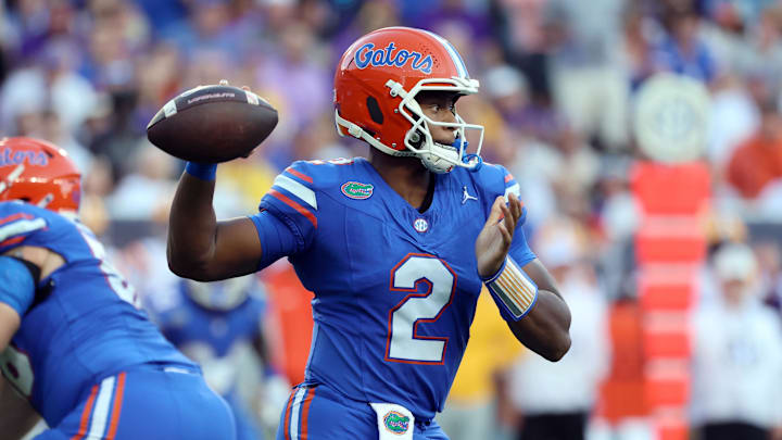 Nov 16, 2024; Gainesville, Florida, USA; Florida Gators quarterback DJ Lagway (2) throws the ball against the LSU Tigers during the first half at Ben Hill Griffin Stadium. Mandatory Credit: Kim Klement Neitzel-Imagn Images