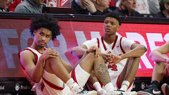 Mar 9, 2025; Piscataway, New Jersey, USA; Rutgers Scarlet Knights guard Dylan Harper (2) and Rutgers Scarlet Knights guard Ace Bailey (4) looks on during the second half against the Minnesota Golden Gophers at Jersey Mike's Arena. Mandatory Credit: Vincent Carchietta-Imagn Images