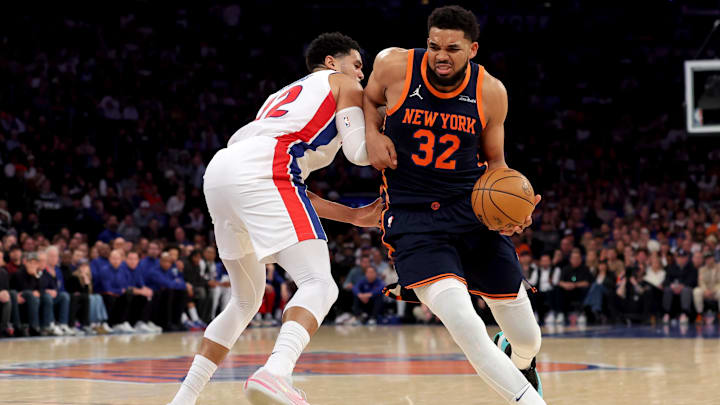 Apr 21, 2025; New York, New York, USA; New York Knicks center Karl-Anthony Towns (32) drives to the basket against Detroit Pistons forward Tobias Harris (12) during the second quarter of game two of the first round of the 2024 NBA Playoffs at Madison Square Garden. Mandatory Credit: Brad Penner-Imagn Images
