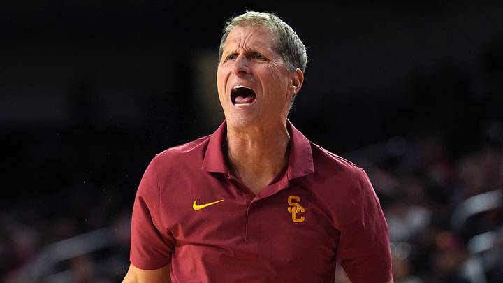 Jan 31, 2026; Los Angeles, California, USA; Southern California Trojans head coach Eric Musselman reacts against the Rutgers Scarlet Knights in the second half at Galen Center. Mandatory Credit: Kirby Lee-Imagn Images