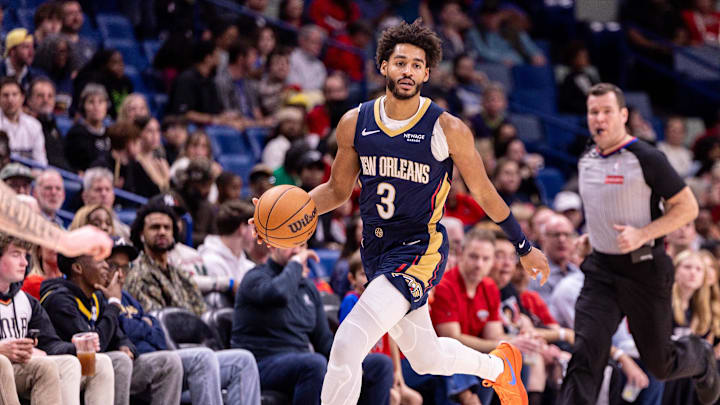 Dec 20, 2025; New Orleans, Louisiana, USA;  New Orleans Pelicans guard Jordan Poole (3) brings the ball up court against the Indiana Pacers during the first half at Smoothie King Center. Mandatory Credit: Stephen Lew-Imagn Images