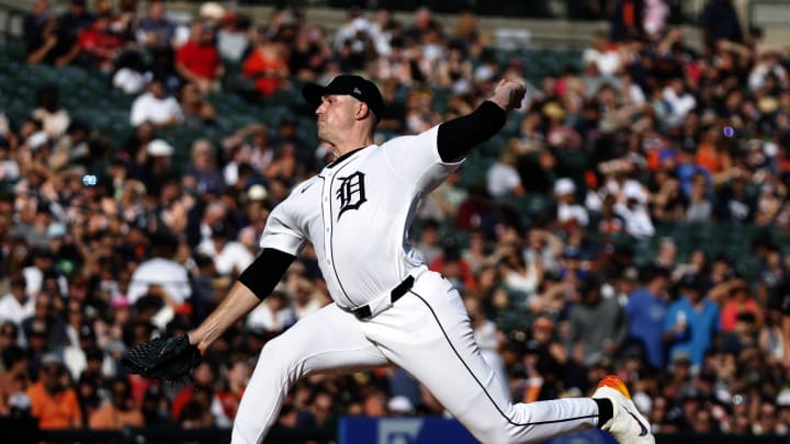 Jul 27, 2024; Detroit, Michigan, USA; Detroit Tigers pitcher Tarik Skubal (29) throws during the second inning against the Minnesota Twins at Comerica Park. Mandatory Credit: Brian Bradshaw Sevald-USA TODAY Sports