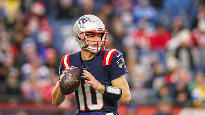Dec 28, 2024; Foxborough, Massachusetts, USA; New England Patriots quarterback Drake Maye (10) looks to pass the ball against the Los Angeles Chargers in the second half at Gillette Stadium. Mandatory Credit: David Butler II-Imagn Images
