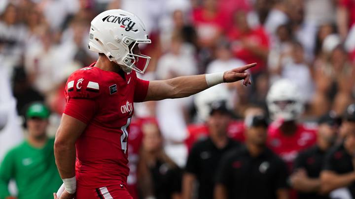 Sep 5, 2026; Cincinnati, Ohio, USA;  Cincinnati Bearcats quarterback JC French IV (4) reacts to a play against the Boston College Eagles in the first half at Nippert Stadium. Mandatory Credit: Aaron Doster-Imagn Images