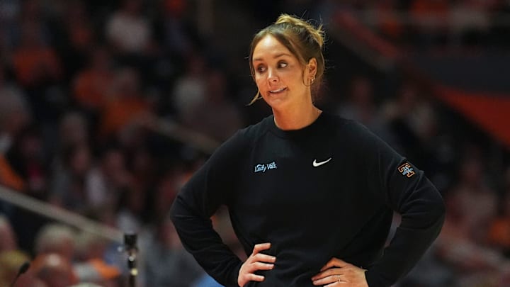 Tennessee basketball coach Kim Caldwell during the NCAA college basketball game against Vanderbilt on Mar. 1, 2026, in Knoxville, Tennessee.