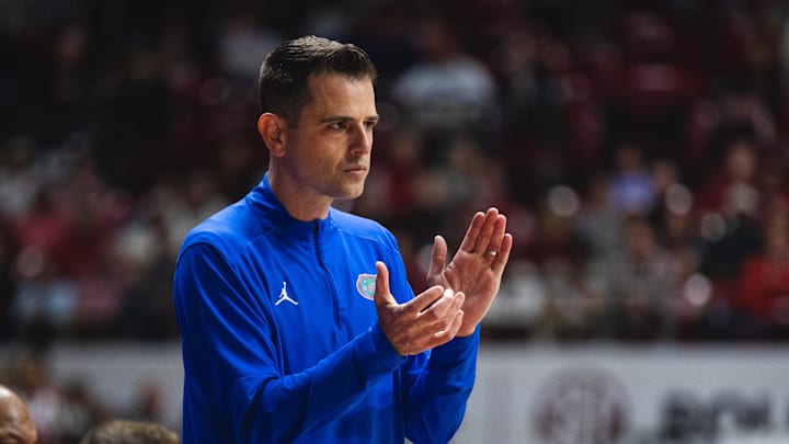 Mar 5, 2025; Tuscaloosa, Alabama, USA; Florida Gators head coach Todd Golden directs his team against the Alabama Crimson Tide during the second half at Coleman Coliseum. Mandatory Credit: Will McLelland-Imagn Images