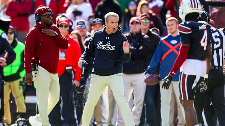 Nov 29, 2025; Columbia, South Carolina, USA; South Carolina Gamecocks head coach Shane Beamer disputes pass interference call against the Clemson Tigers in the second quarter at Williams-Brice Stadium. Mandatory Credit: Jeff Blake-Imagn Images