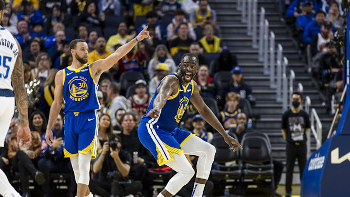 Feb 23, 2025; San Francisco, California, USA; Golden State Warriors forward Draymond Green (23) reacts during the third quarter of the game against the Dallas Mavericks at Chase Center. Mandatory Credit: John Hefti-Imagn Images