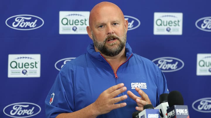 Jul 24, 2025; East Rutherford, NJ, USA; New York Giants head coach Brian Daboll talks with media during training camp at Quest Diagnostics Training Center. Mandatory Credit: Vincent Carchietta-Imagn Images